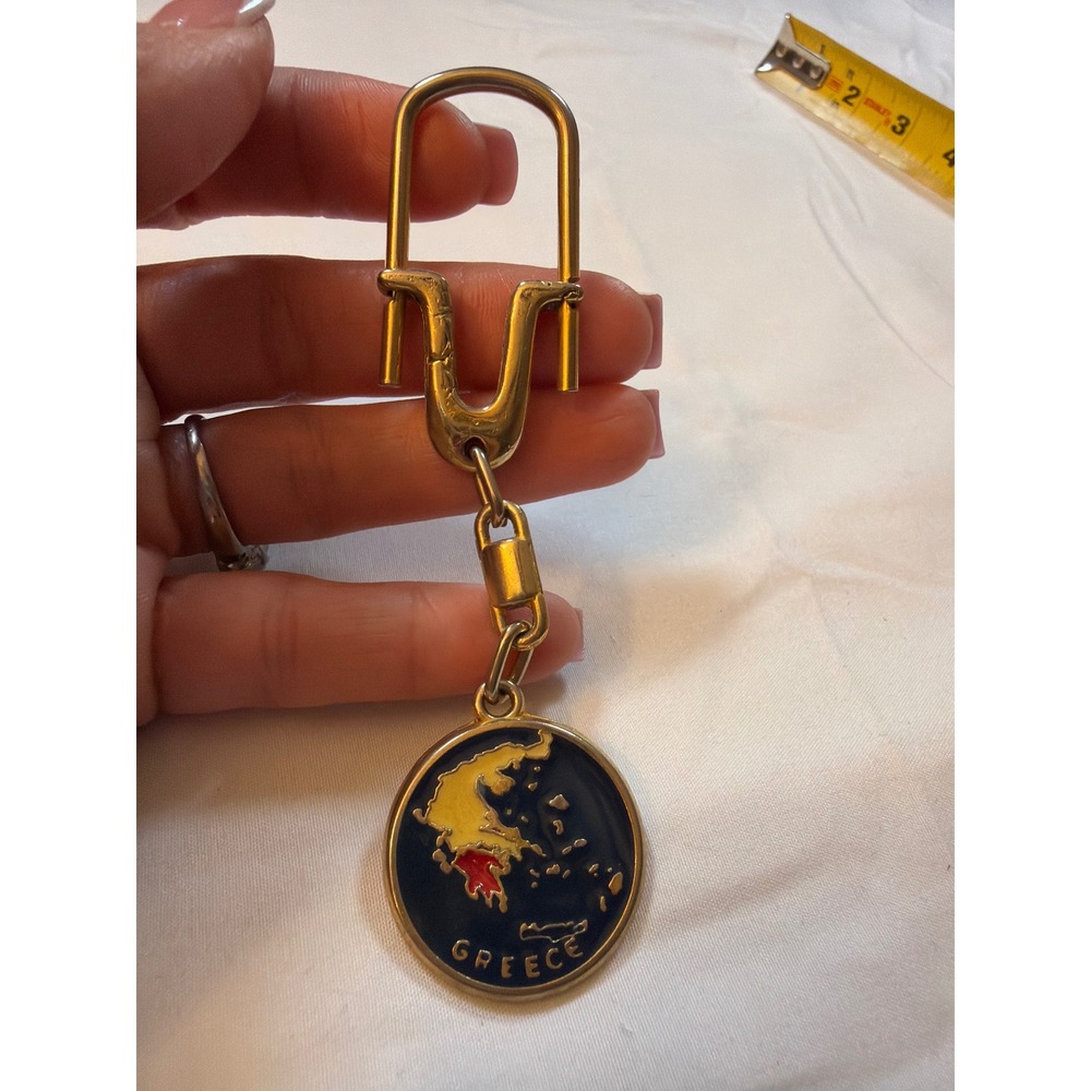 Vintage Greece Parthenon Enamel Keychain Souvenir Gold Tone Map Medallion